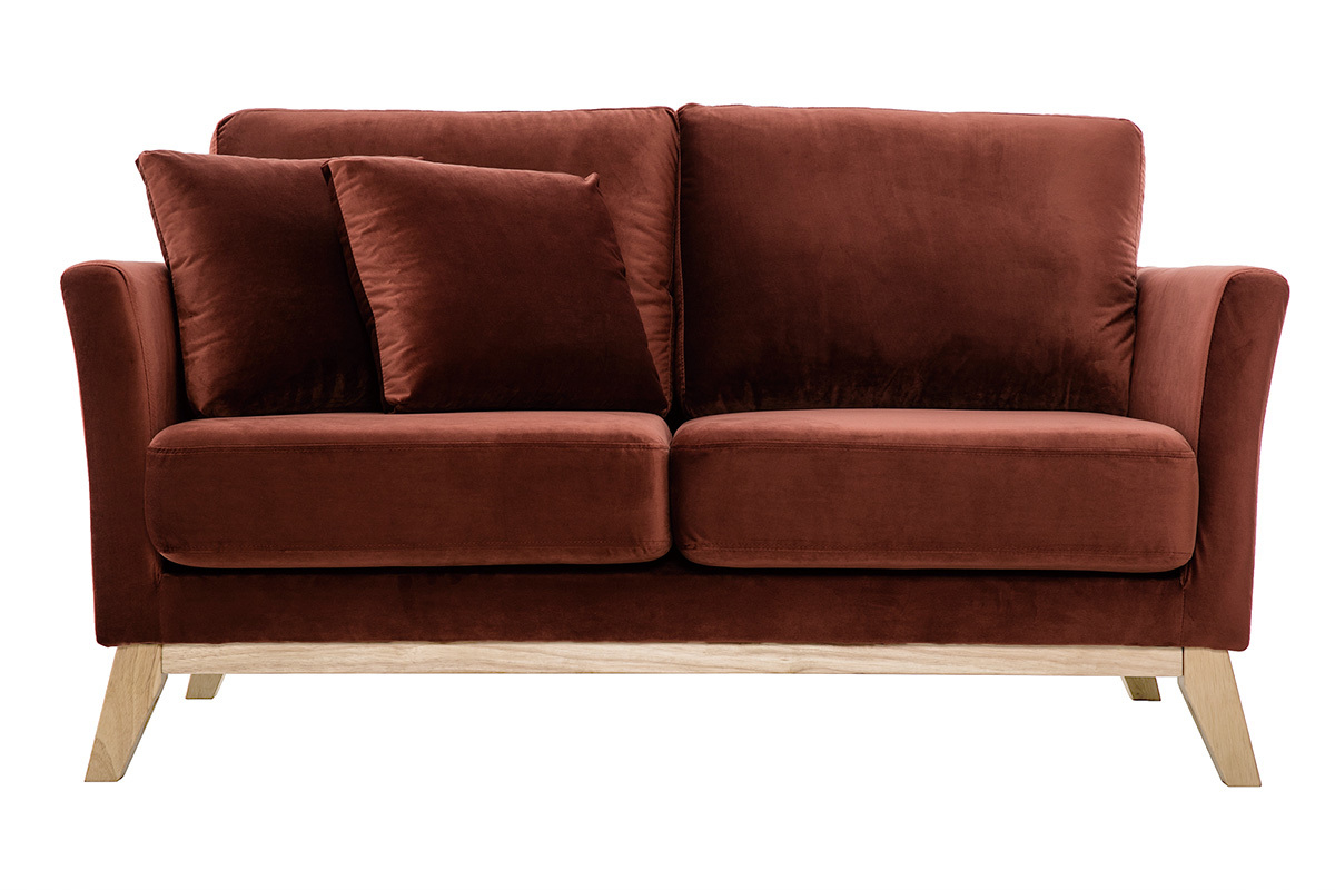 Canap� scandinave 2 places en velours rouge tomette et bois clair, vue de face.