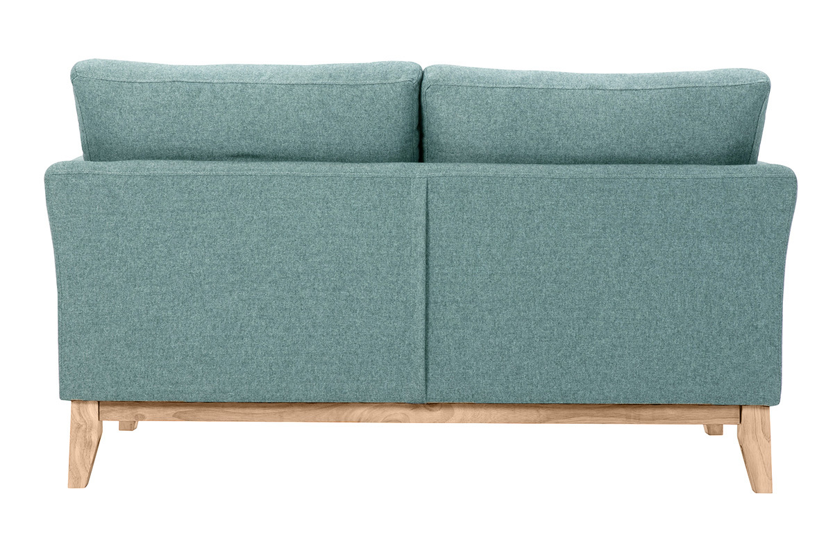 Canap� scandinave vert de gris, vue de dos, pieds en bois clair.