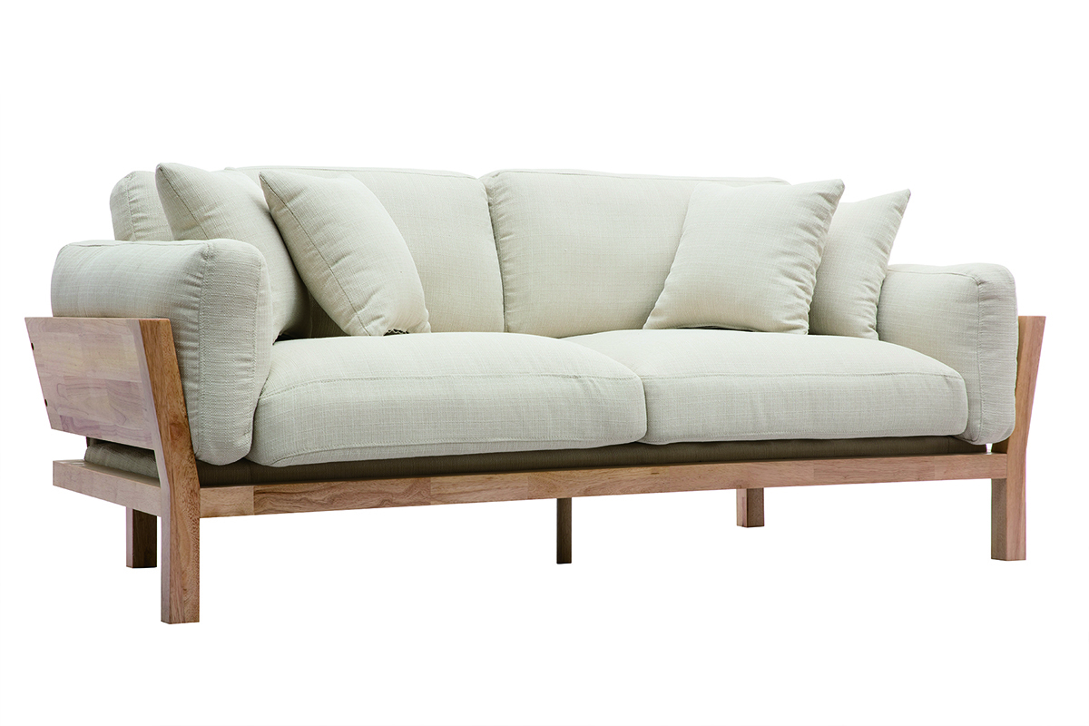 Canap� scandinave d�houssable 3 places en tissu blanc cr�me et bois clair KYO