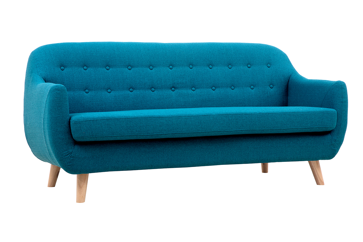 Canap� scandinave d�houssable 3 places en tissu bleu canard et bois clair YNOK