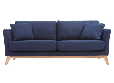 Canap&eacute; scandinave d&eacute;houssable 3 places en tissu bleu fonc&eacute; et bois clair OSLO