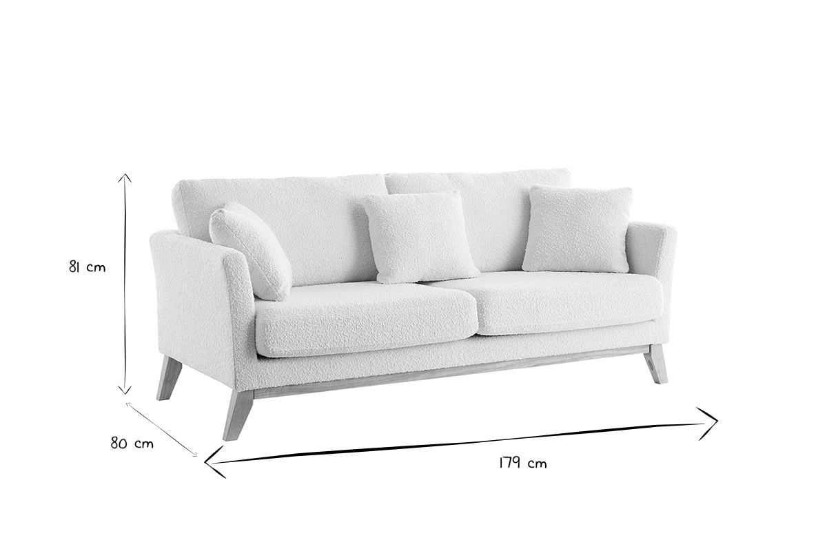Canap� scandinave d�houssable 3 places en tissu effet laine boucl�e blanc cass� et bois clair OSLO