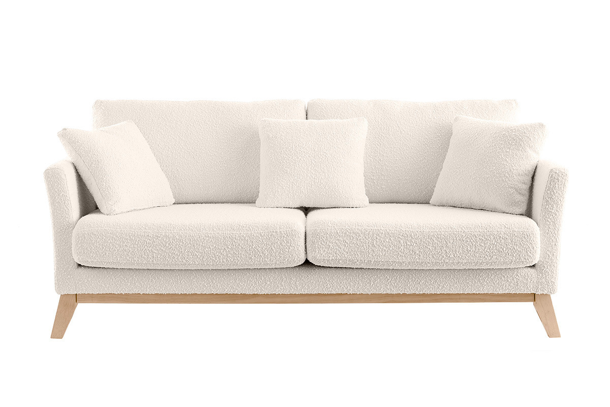 Canap� scandinave d�houssable 3 places en tissu effet laine boucl�e blanc cass� et bois clair OSLO