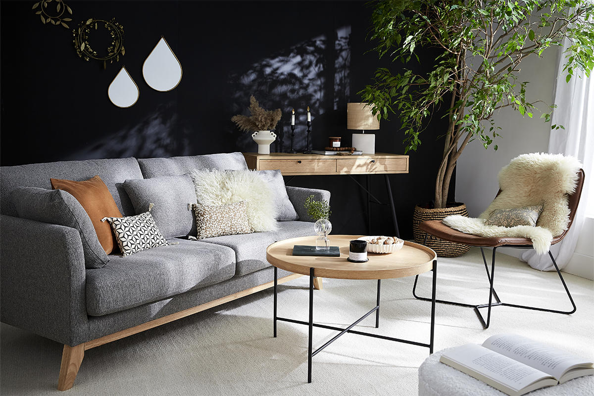 Canap� scandinave d�houssable 3 places en tissu gris clair et bois clair OSLO
