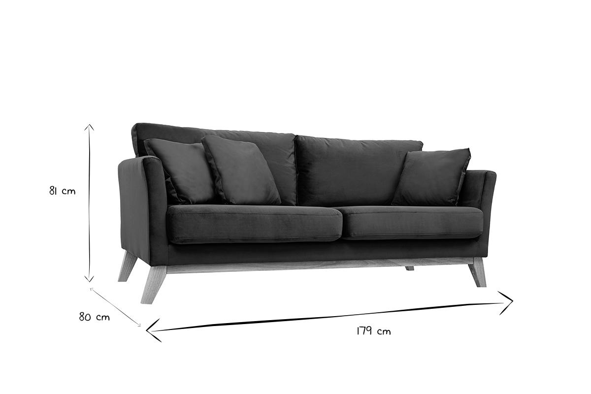 Canap� scandinave d�houssable 3 places en tissu velours bleu nuit et bois clair OSLO
