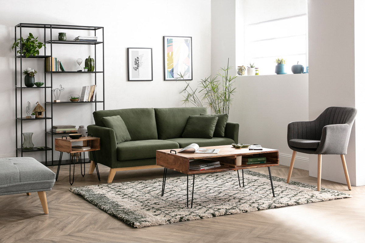 Canap� scandinave d�houssable 3 places en tissu velours bleu nuit et bois clair OSLO