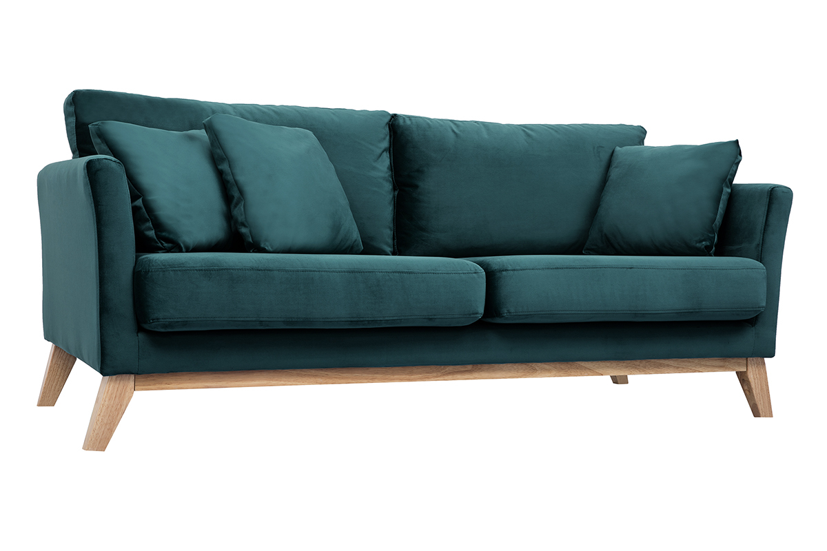 Canap� scandinave bleu p�trole en velours avec pieds en bois clair, vue de face.