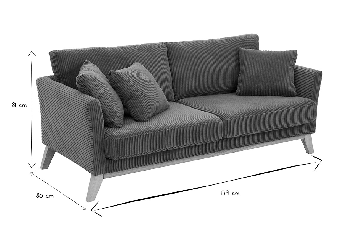 Canap� scandinave d�houssable 3 places en tissu velours c�tel� vert kaki et bois clair OSLO