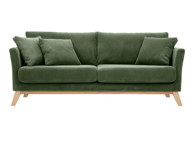Canap&eacute; scandinave d&eacute;houssable 3 places en tissu velours c&ocirc;tel&eacute; vert kaki et bois clair OSLO