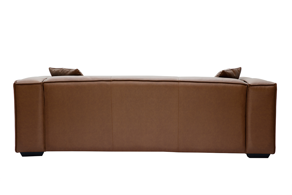 Canap� vintage 3 places cuir marron et bois noir COBAIN