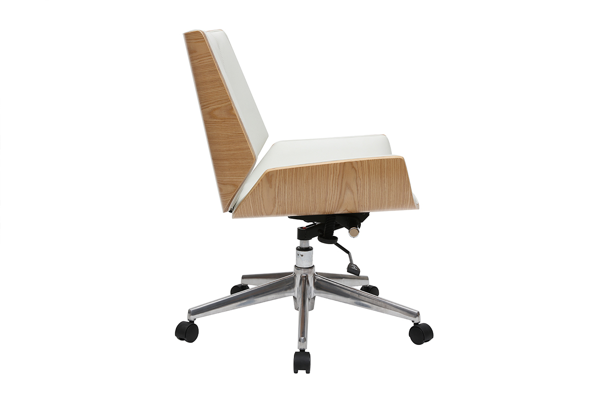 Chaise de bureau � roulettes design blanc, bois clair et acier chrom� CURVED