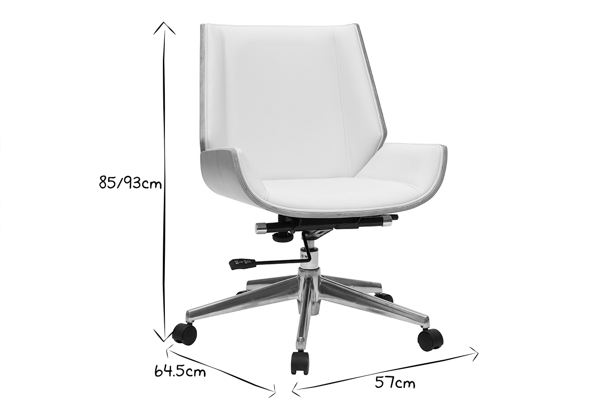 Chaise de bureau � roulettes design blanc, bois clair et acier chrom� CURVED