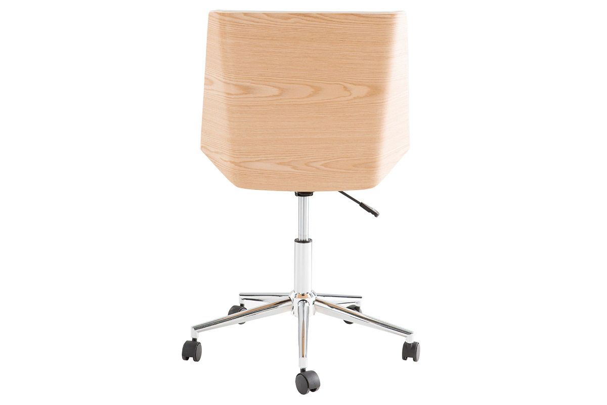 Chaise de bureau MELKIOR, dos en bois clair, roulettes, acier chrom�, vue arri�re.