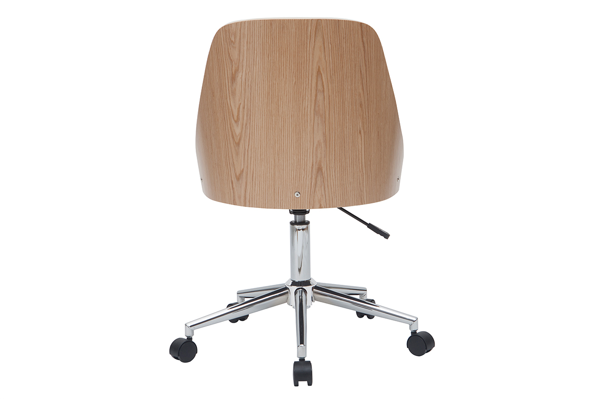 Chaise de bureau � roulettes design blanc, bois clair et acier chrom� QUINO