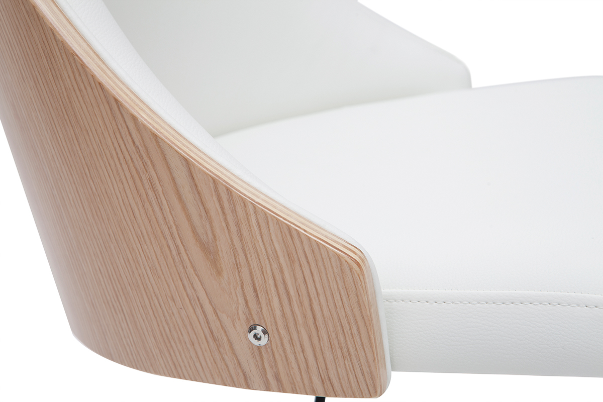 Chaise de bureau � roulettes design blanc, bois clair et acier chrom� QUINO