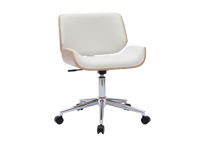Chaise de bureau &agrave; roulettes design blanc, bois clair et acier chrom&eacute; RUBBENS