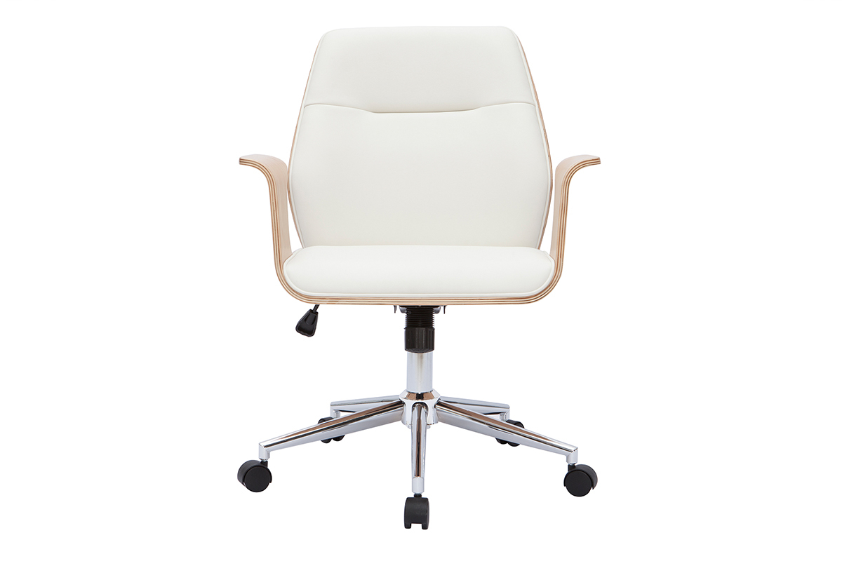 Chaise de bureau � roulettes design blanc, bois clair et acier chrom� RUFIN