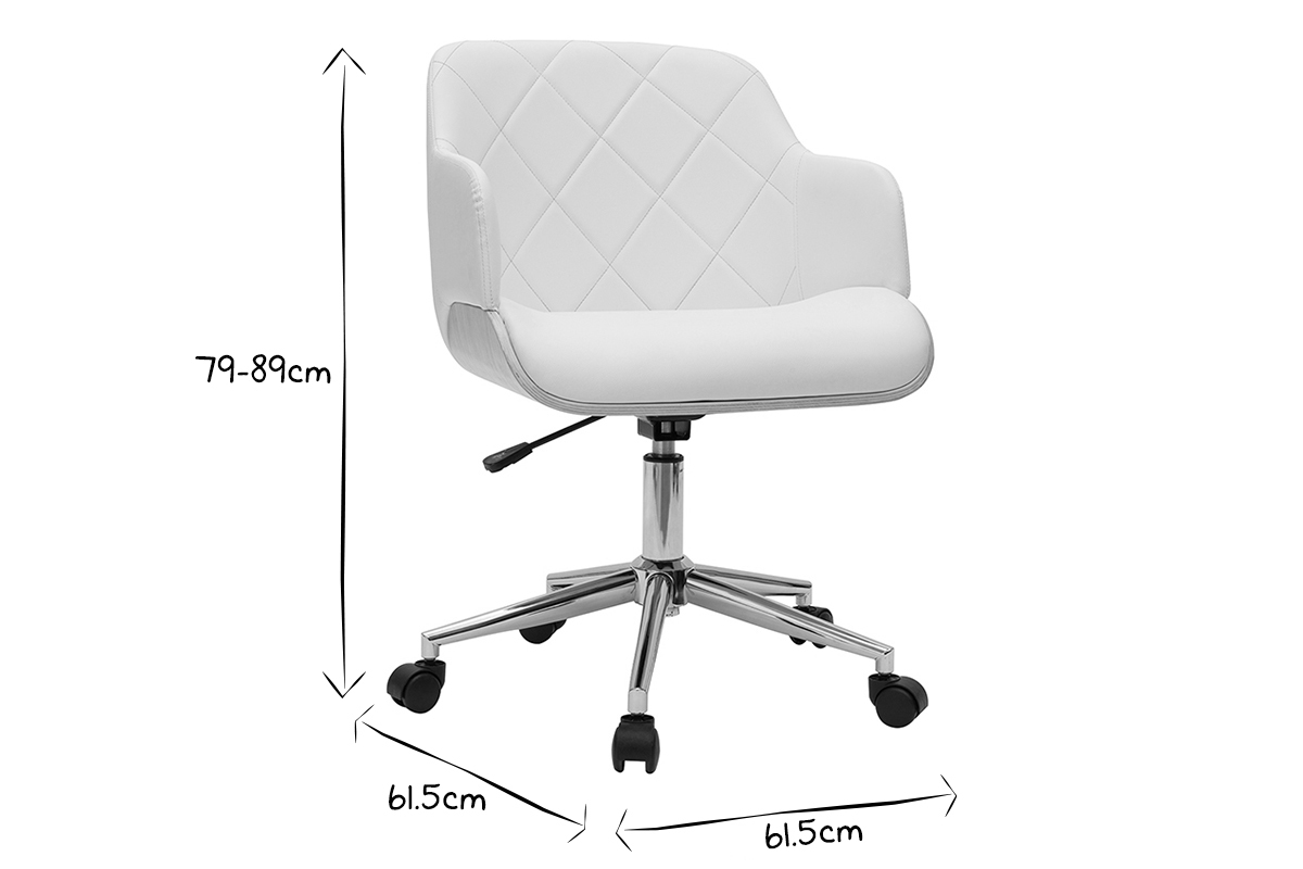 Chaise de bureau � roulettes design blanc, bois clair et acier chrom� SANDRO