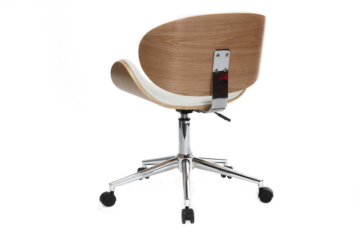 Chaise de bureau � roulettes design blanc, bois clair et acier chrom� WALNUT