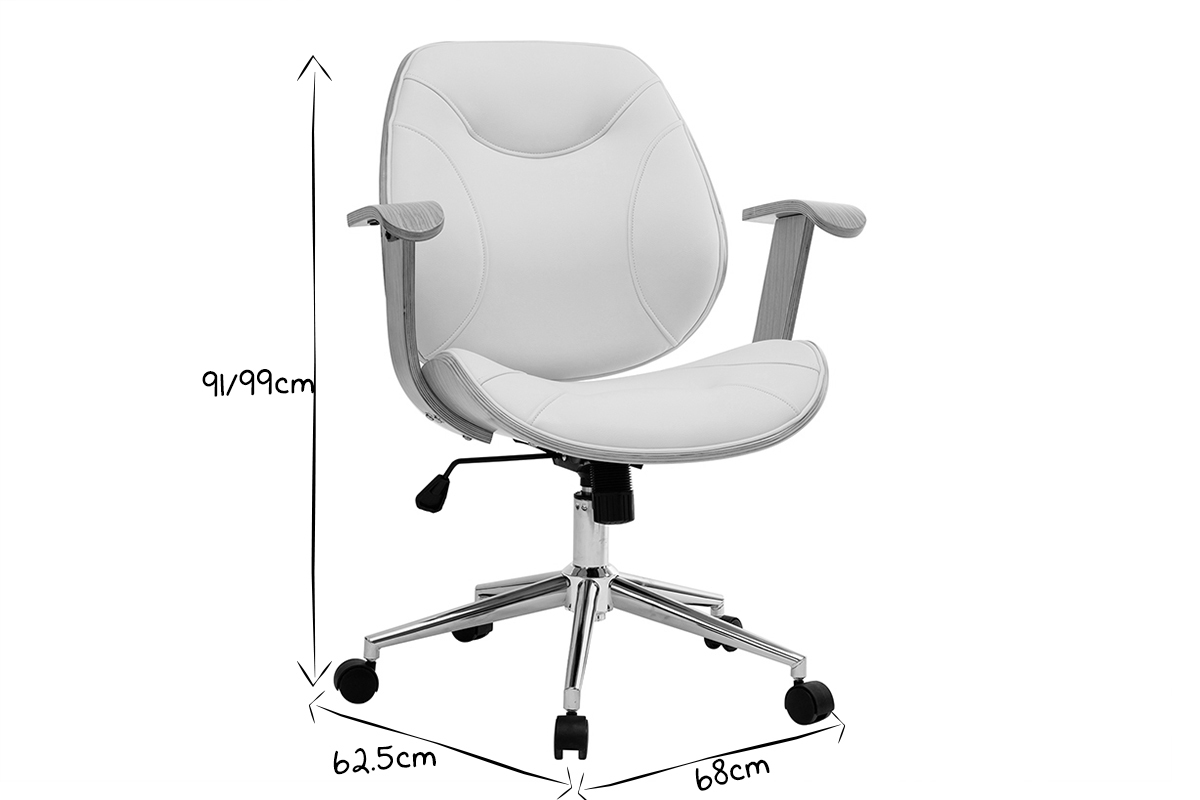 Chaise de bureau � roulettes design blanc, bois clair et acier chrom� YORKE
