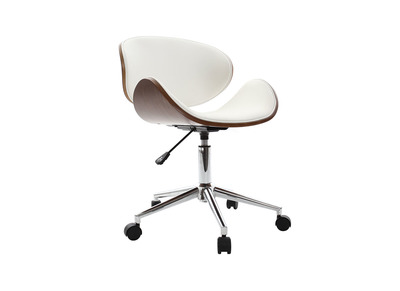 Chaise de bureau &agrave; roulettes design blanc, bois fonc&eacute; noyer et acier chrom&eacute; WALNUT