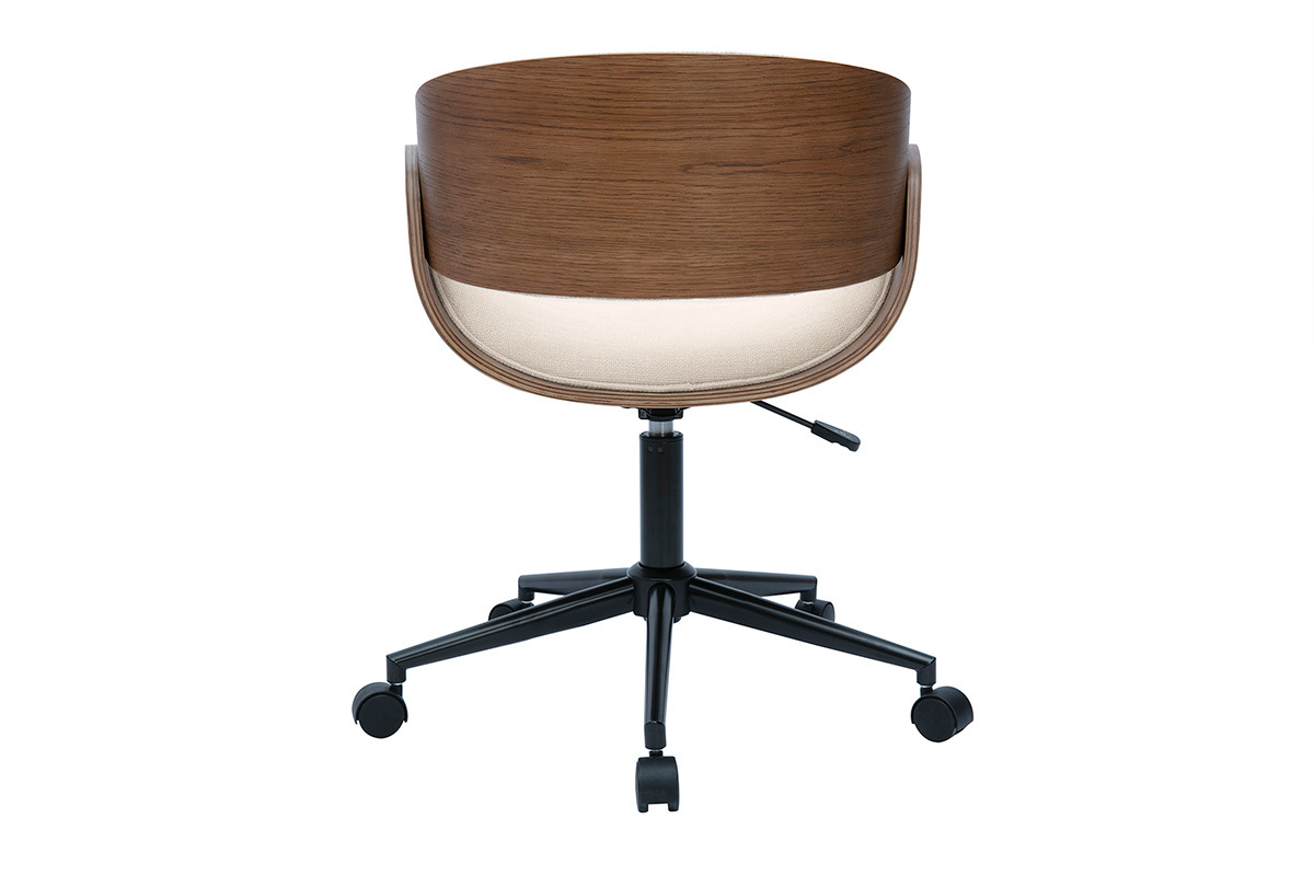 Chaise de bureau � roulettes design en bois fonc� et tissu effet velours textur� beige BENT