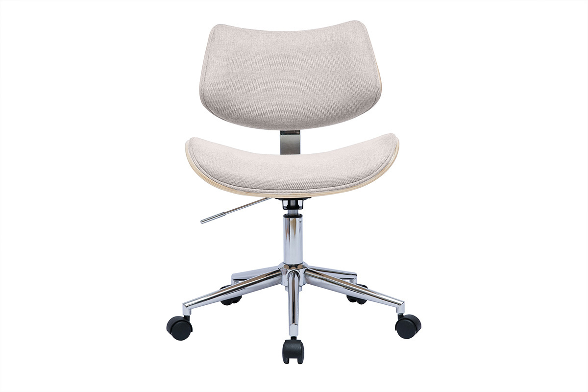 Chaise de bureau � roulettes design en tissu effet velours textur� beige, bois clair ch�ne et m�tal MALMO
