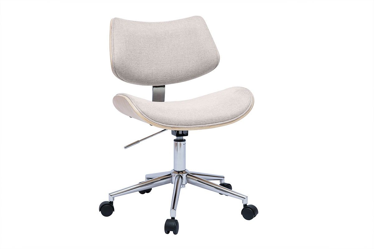 Chaise de bureau � roulettes design en tissu effet velours textur� beige, bois clair ch�ne et m�tal MALMO