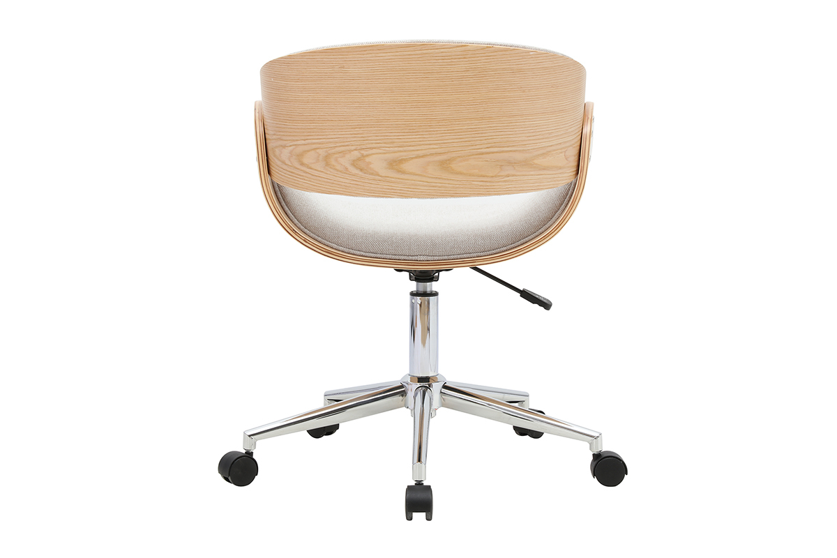 Chaise de bureau BENT en tissu beige, dos en bois clair, base chrom�e, vue de dos.