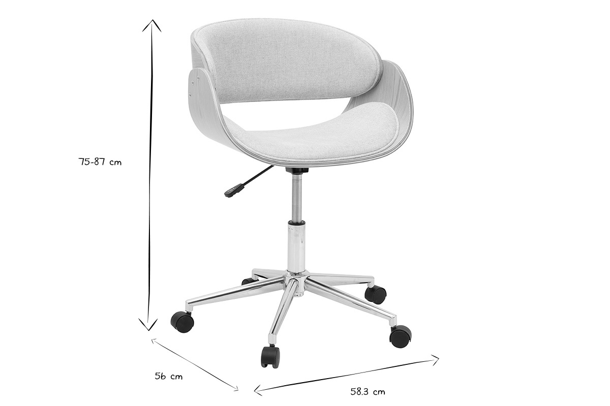 Dimensions de la chaise de bureau BENT en noir et blanc, hauteur 75-87 cm, largeur 58.3 cm, profondeur 56 cm.