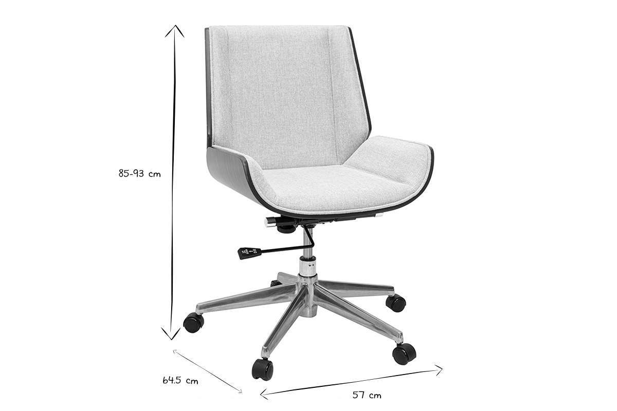 Chaise de bureau design avec dimensions 85-93 cm de haut, 64.5 cm de profondeur, 57 cm de largeur, en noir et blanc.