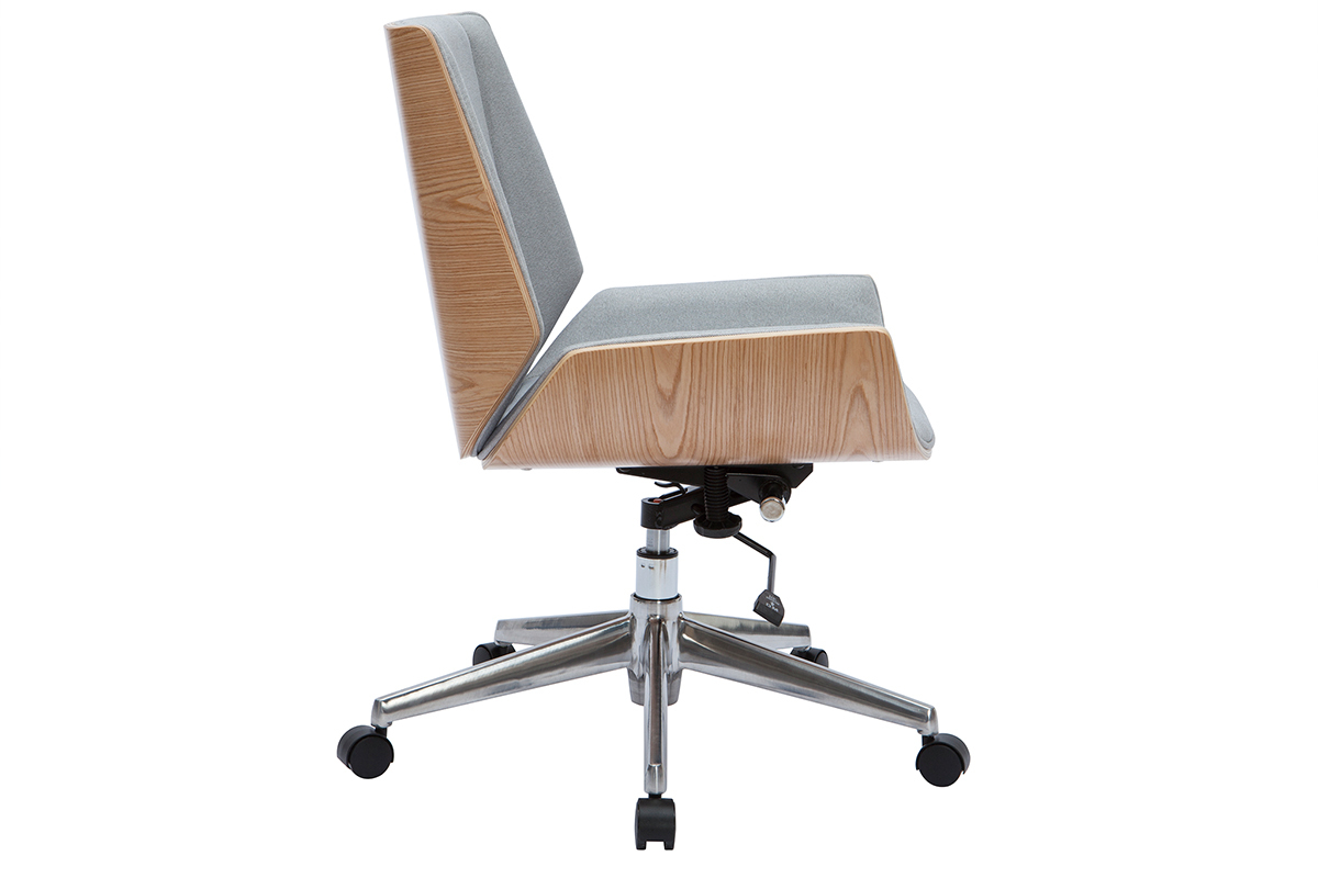 Chaise de bureau � roulettes design en tissu gris clair, bois clair et acier chrom� CURVED