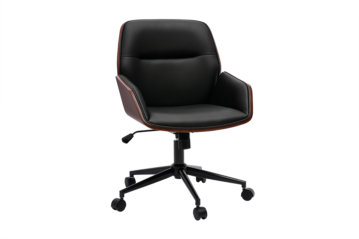 Chaise de bureau design noir, bois fonc� et m�tal noir, vue de 3/4, avec accoudoirs et roulettes.