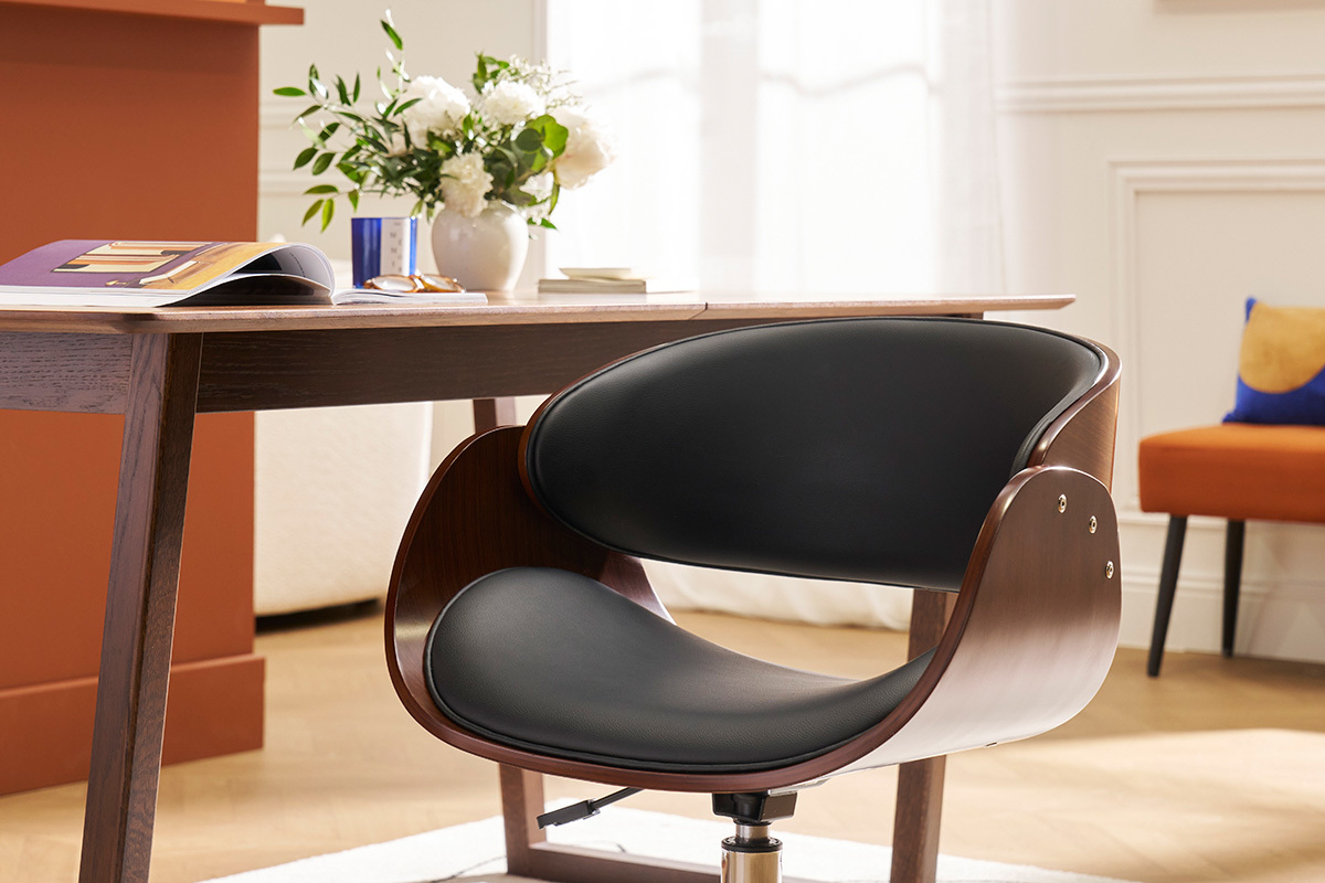 Chaise de bureau � roulettes design noir, bois fonc� noyer et acier chrom�  BENT