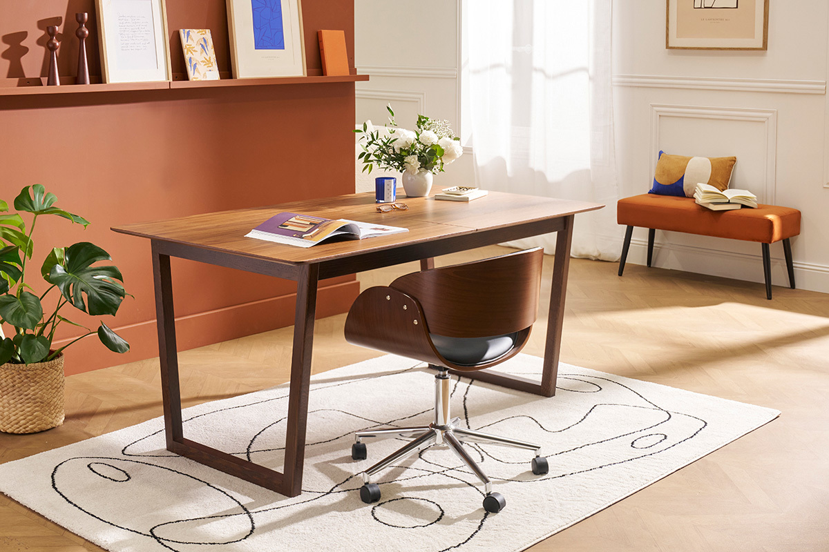 Chaise de bureau � roulettes design noir, bois fonc� noyer et acier chrom�  BENT