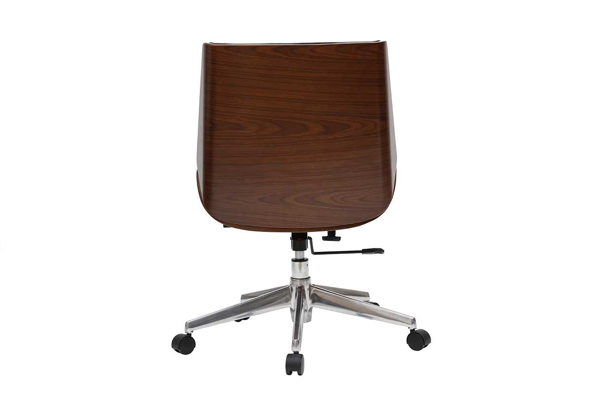 Chaise de bureau � roulettes design noir, bois fonc� noyer et acier chrom� CURVED