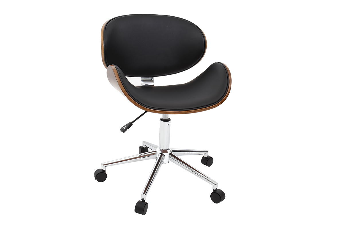 Chaise de bureau noire, bois noyer, acier chrom�, vue de 3/4