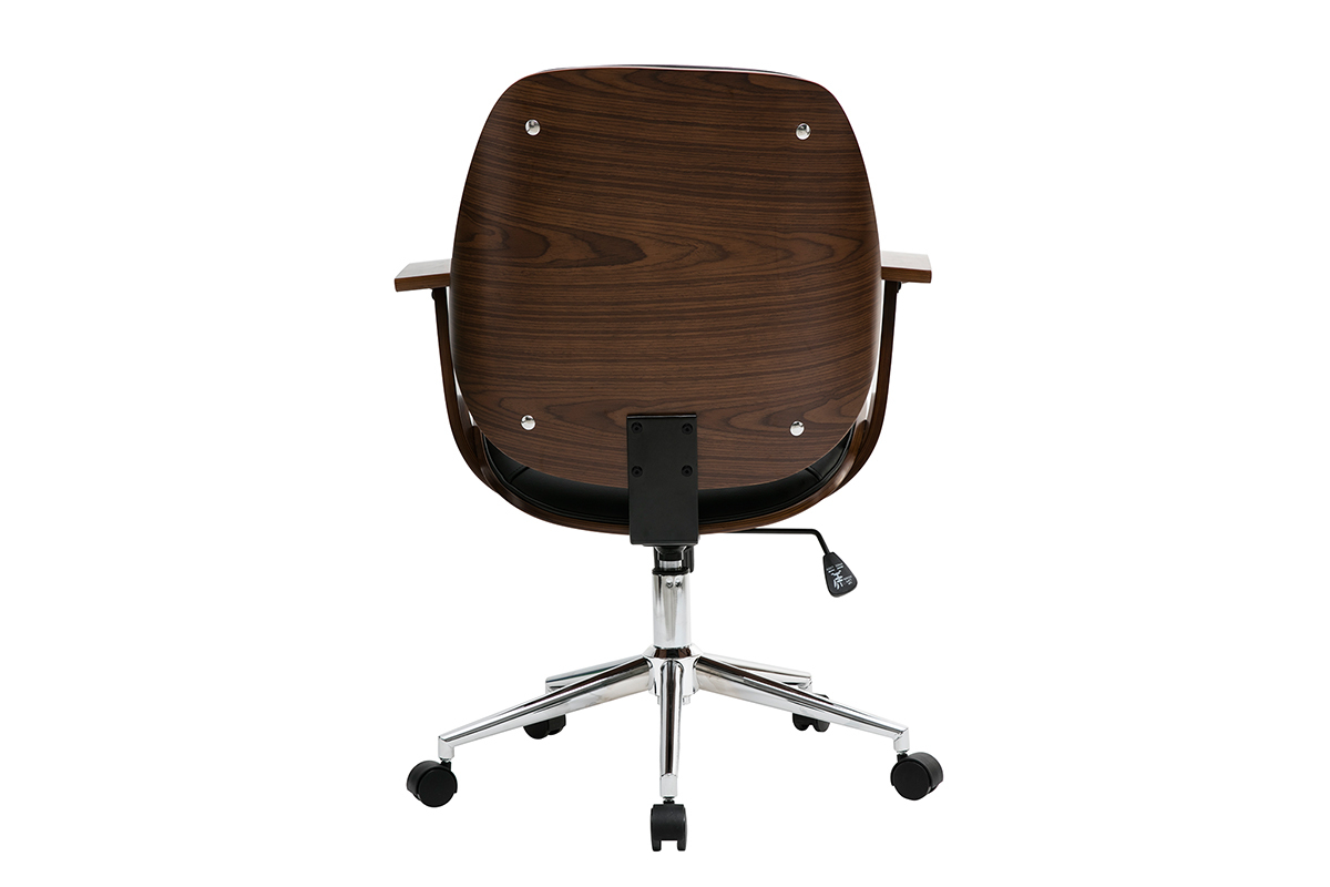 Chaise de bureau � roulettes design noir, bois fonc� noyer et acier chrom� YORKE