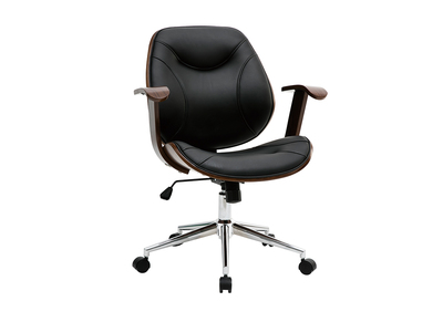 Chaise de bureau &agrave; roulettes design noir, bois fonc&eacute; noyer et acier chrom&eacute; YORKE