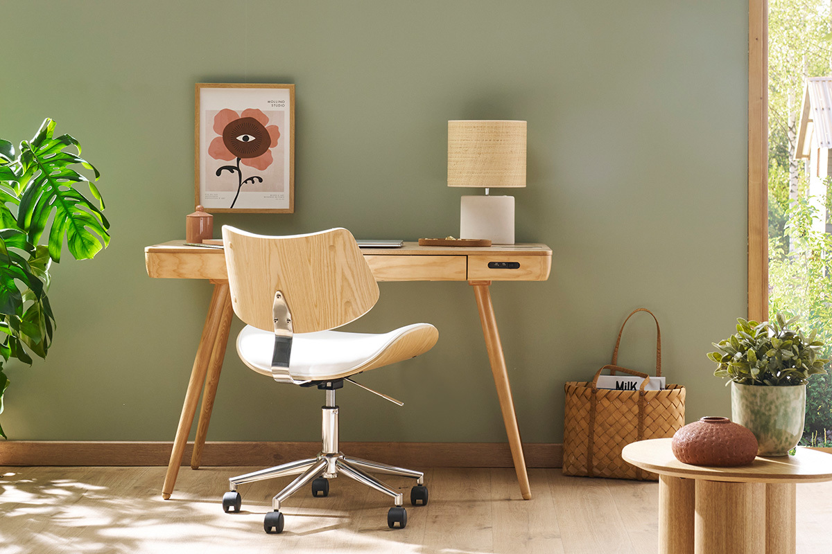 Chaise de bureau � roulettes design noir, bois fonc� noyer et m�tal noir MALMO