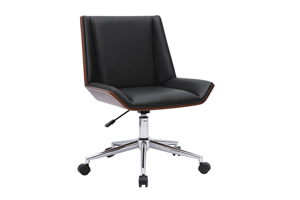 Chaise de bureau noire � roulettes, vue de 3/4, bois fonc�, acier chrom�.