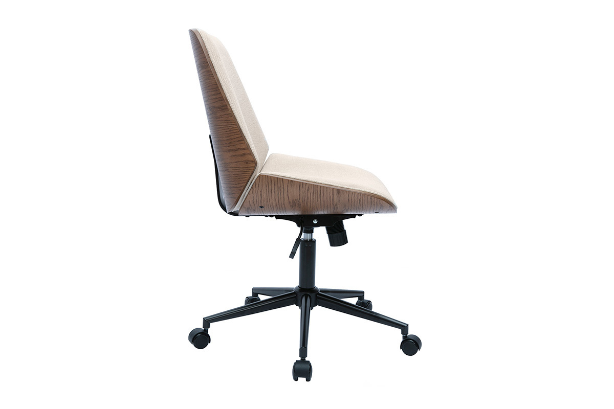 Chaise de bureau � roulettes en bois et tissu effet velours textur� beige DOUGLAS