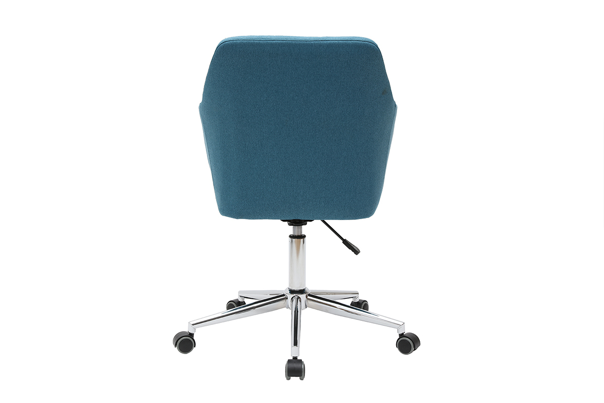 Chaise de bureau � roulettes en tissu bleu canard et acier chrom� ALEYNA
