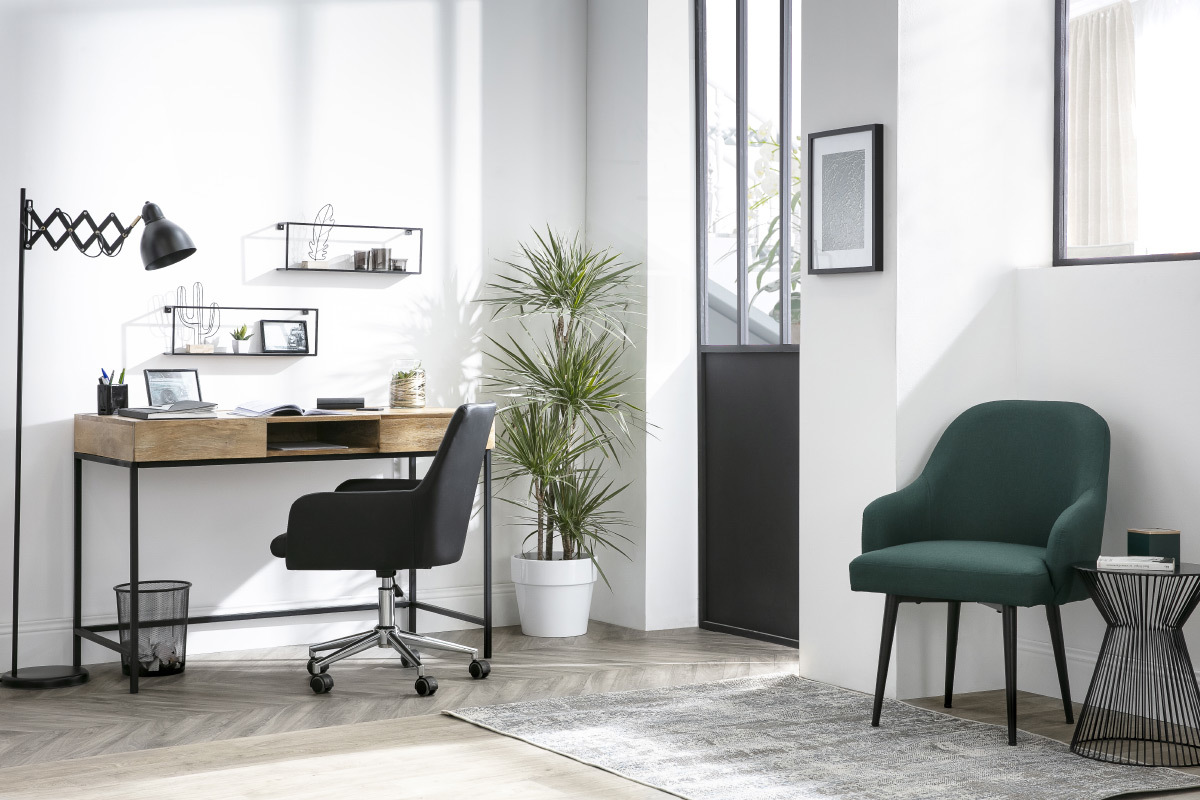 Chaise de bureau � roulettes en tissu bleu canard et acier chrom� SHANA