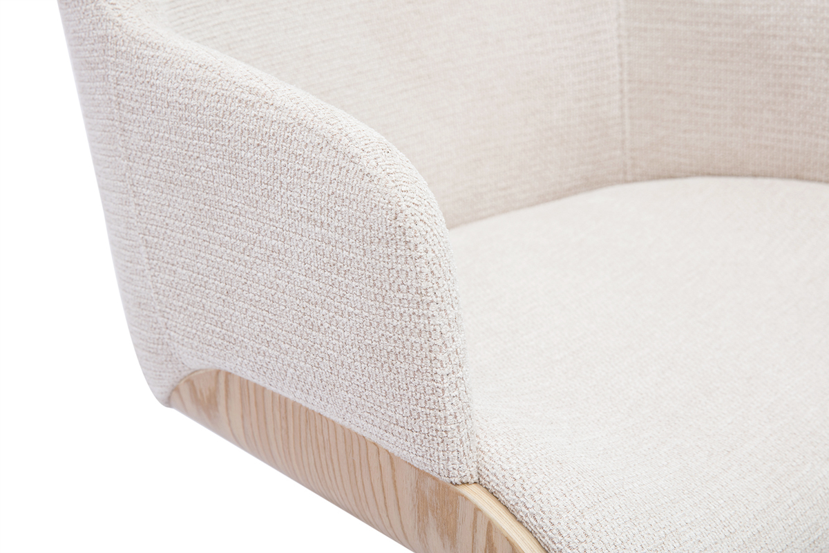 Chaise de bureau � roulettes en tissu chenille beige, bois clair et m�tal chrom� EARL