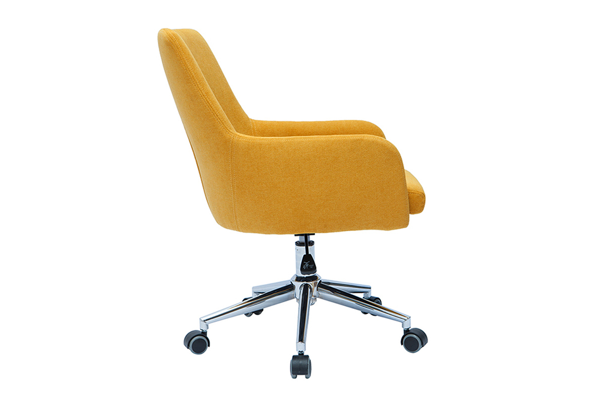 Chaise de bureau jaune moutarde en velours et acier chrom�, vue de profil.