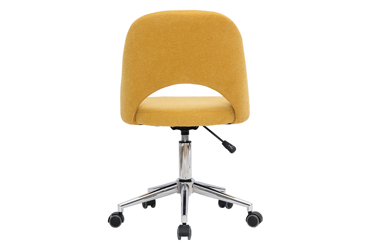 Chaise de bureau � roulettes en tissu effet velours textur� jaune moutarde et acier chrom� COSETTE
