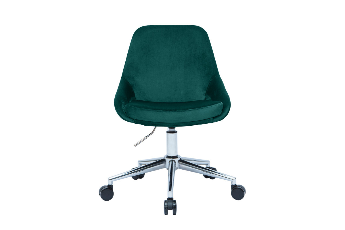 Chaise de bureau � roulettes en tissu velours bleu p�trole et acier chrom� HOLO
