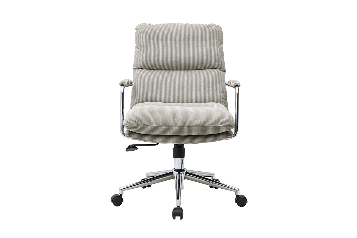 Chaise de bureau � roulettes en velours c�tel� taupe et m�tal chrom�, vue de face.