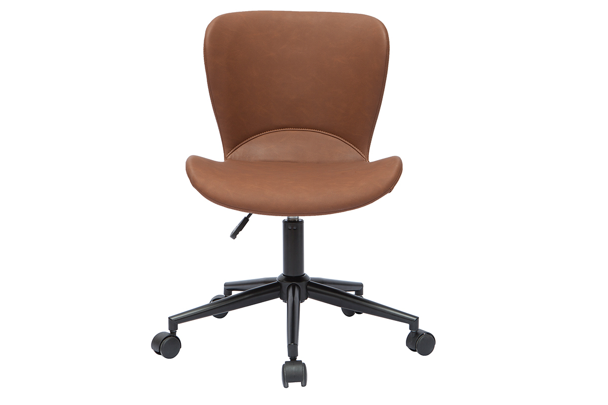 Chaise de bureau marron sur roulettes en vue de face, base m�tal noir.